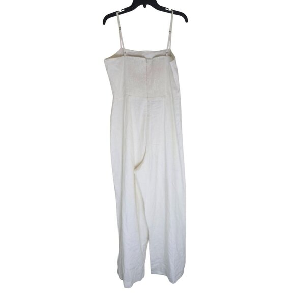 White Wide-Leg Linen Jumpsuit With Adjustable Spaghetti Straps & Smocked Back By - Picture 2 of 5